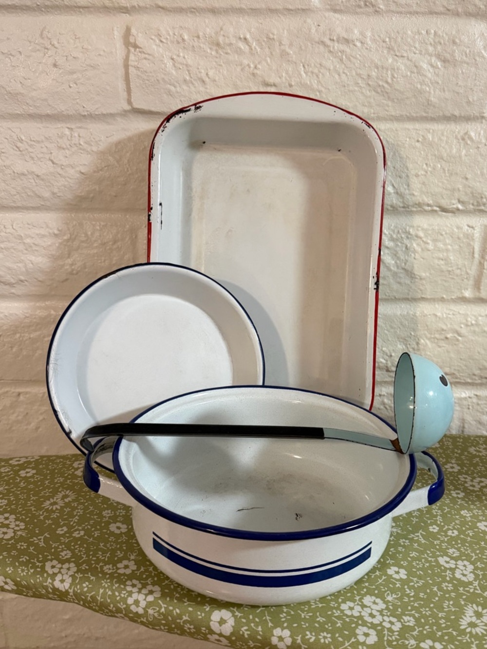 Vintage Enamelware Collection Pie Plate Ladle Round Pot Rectangle Baker Chippy